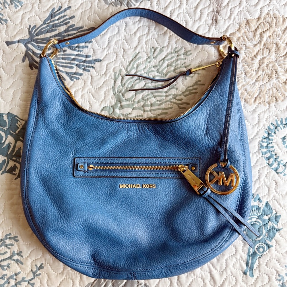 Michael Kors Blue Hobo Bag with Gold Accents